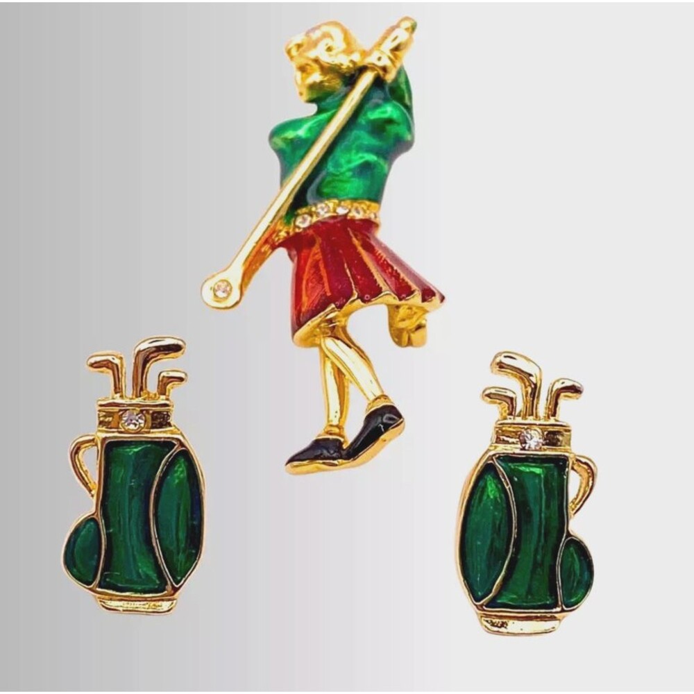 VTG Female Golfer Clubs Bags Pierced Earring & Pin Set Goldtone Red/Green Enamel